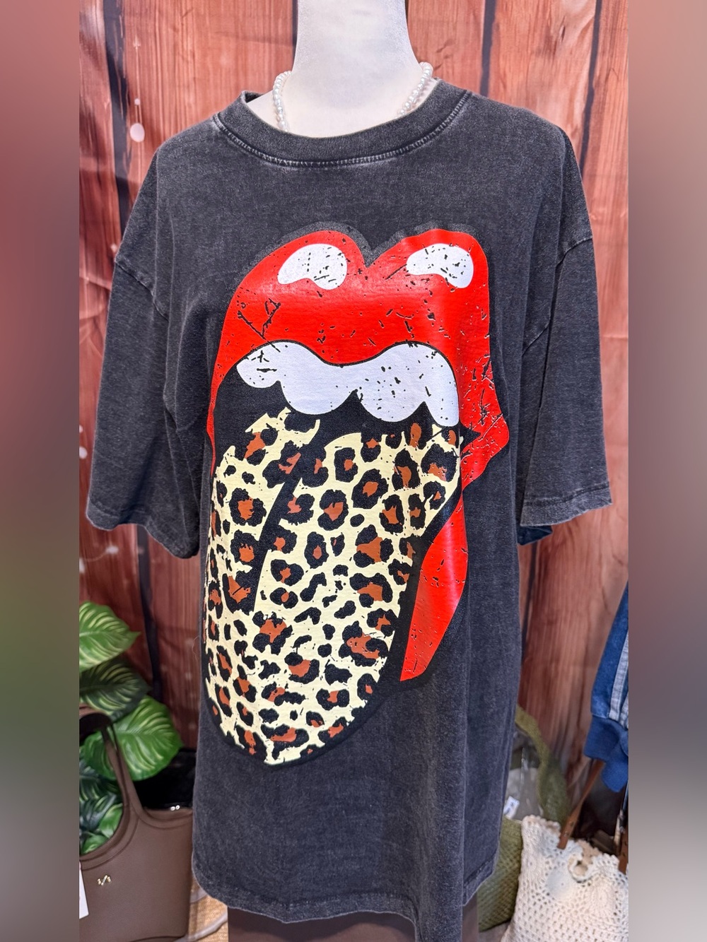 Graphic Tee with Red Leopard Tongue Design